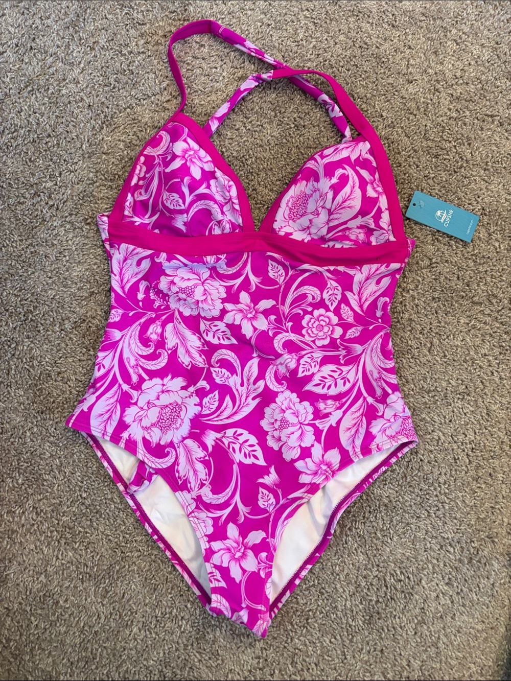 Cupshe Fuchsia & White Floral Halter One-Piece Swimsuit NWT